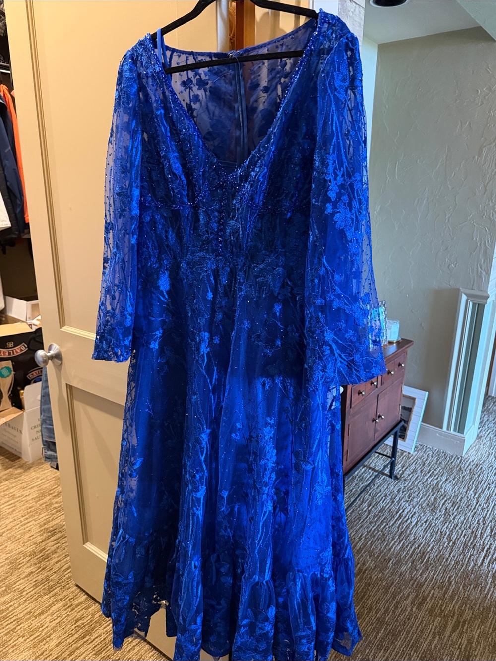 Mac Duggal Royal Blue Sheer Embroidered Long Sleeve Gown